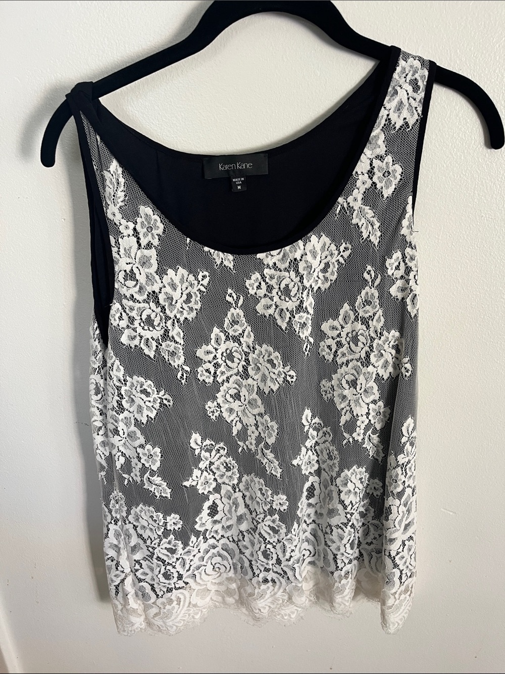 Karen Kane Black Top with White Lace Accents